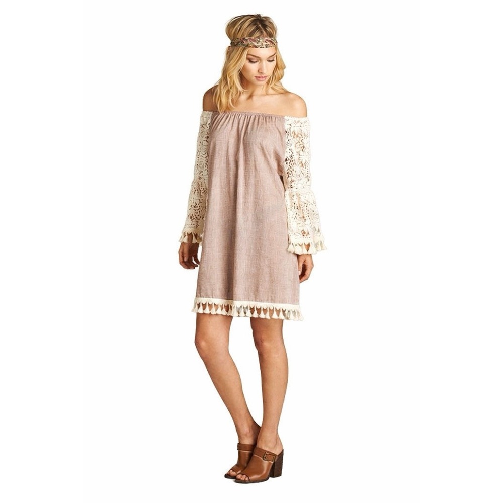Velzera Dress Taupe Off The Shoulder Bell Crochet Sleeves Size S NWT